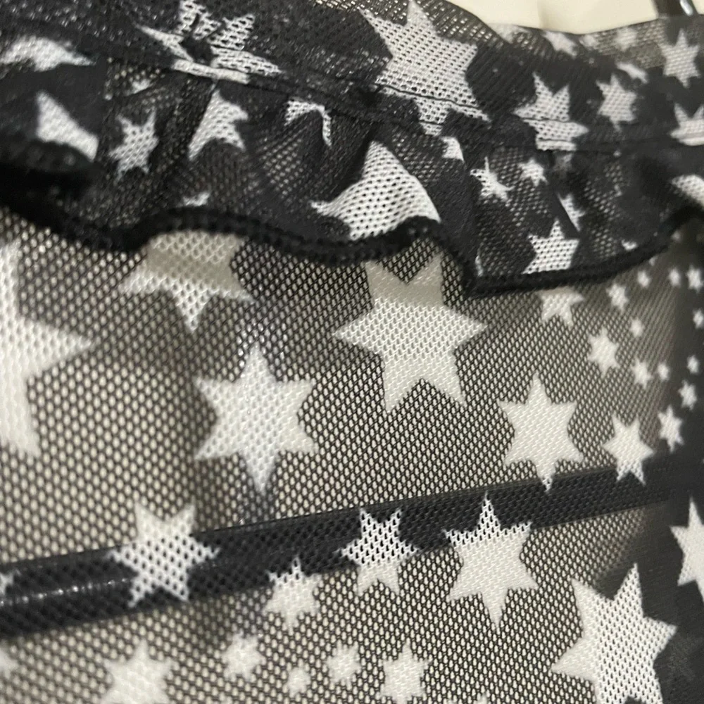 Free People Marne Sheer Black & White Star Tie Front Long Sleeve Crop Blouse - Picture 9 of 12